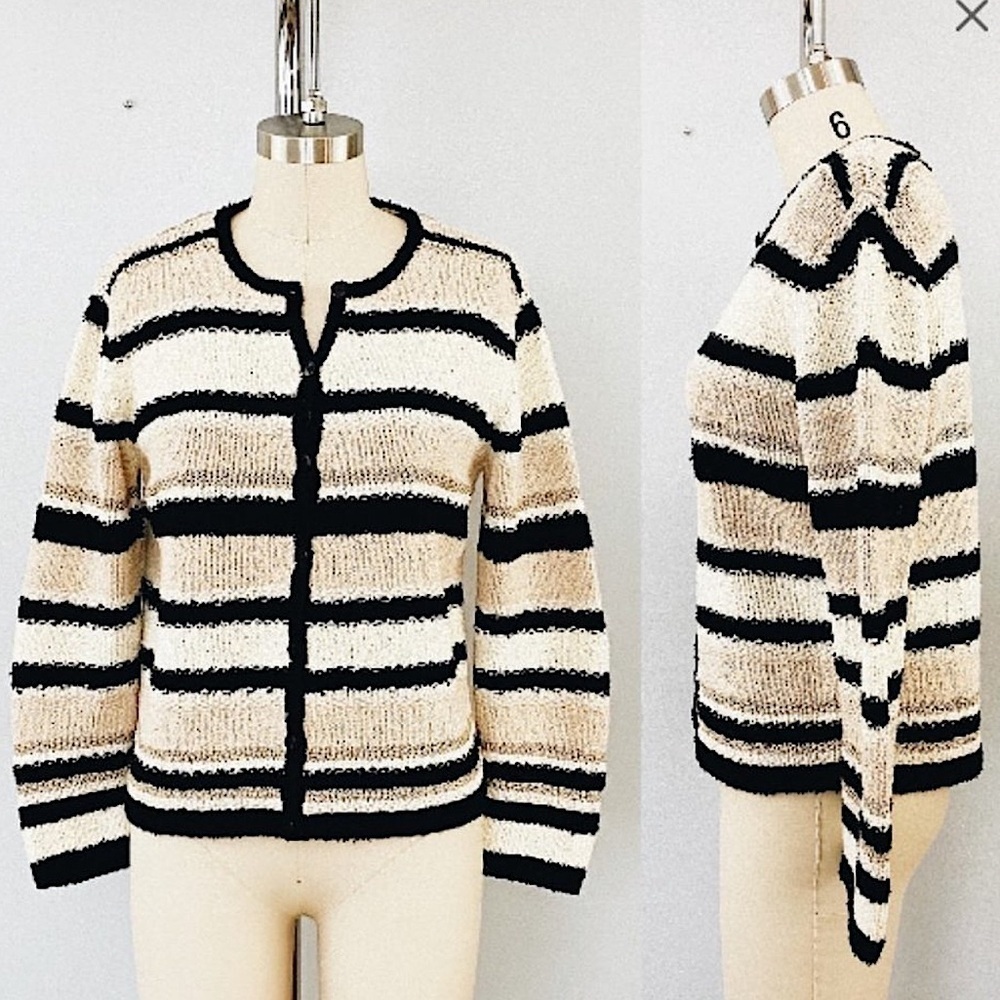 TALBOTS Vintage Cardigan Sweater Hand Knit Long Boucle Silk Linen stripes size M